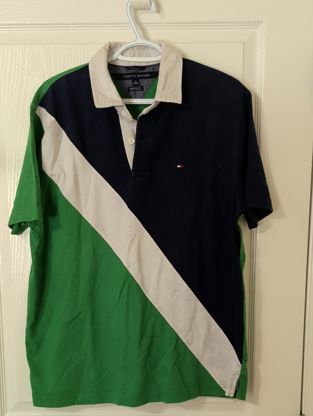 Tommy Hilfiger Green, Navy & Cream Diagonal Rugby Polo 90's